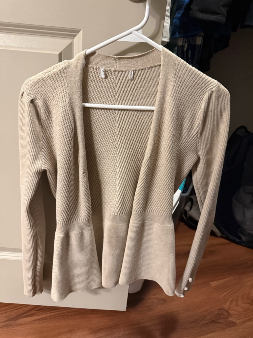 Ribbed Open-Front Cardigan in Beige